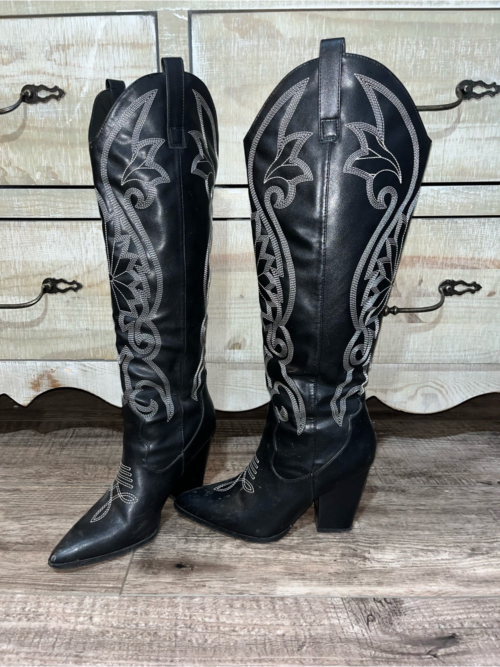 Black Embroidered Western Knee-High Boots